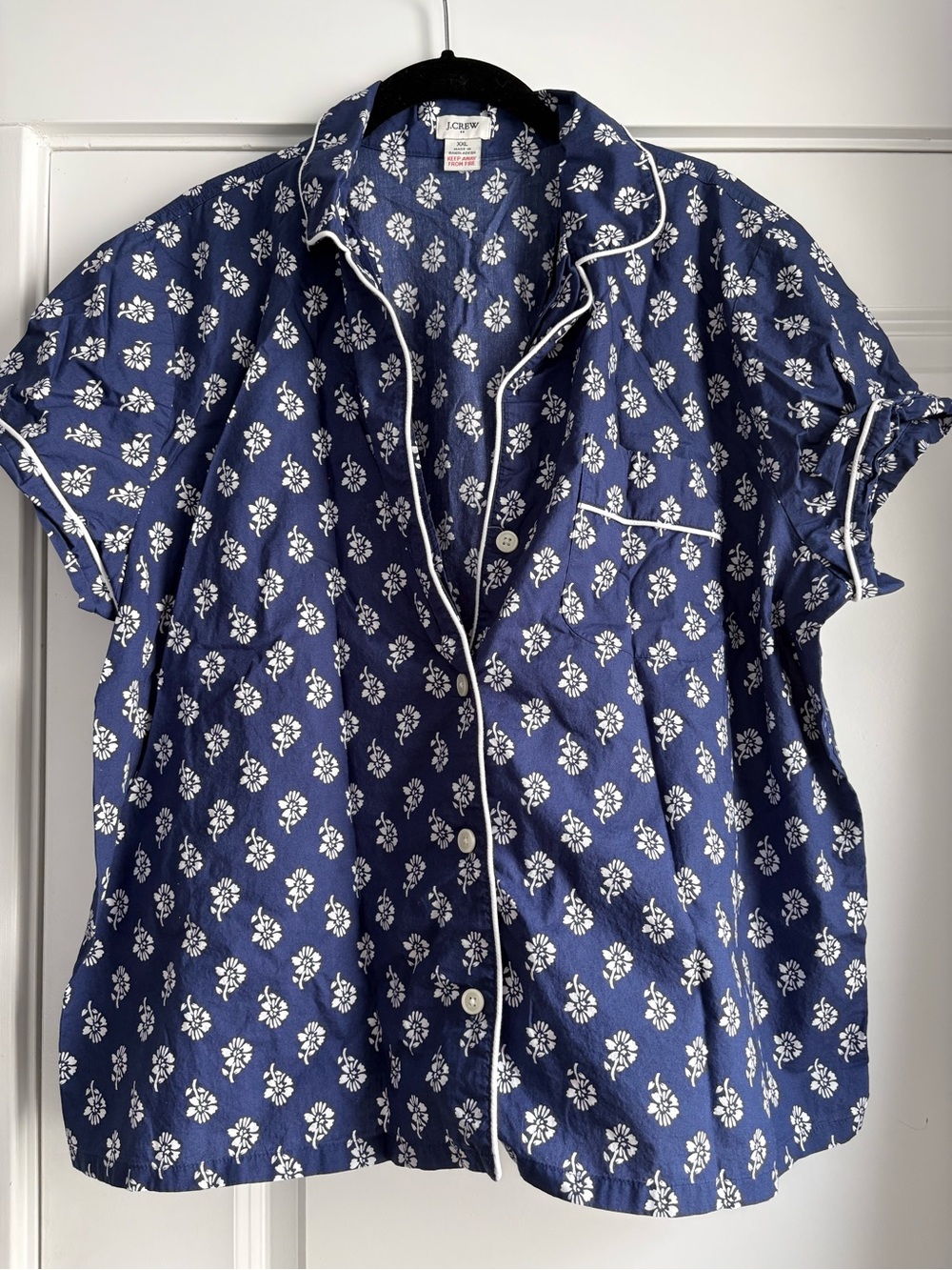J. Crew Navy Short-Sleeve Floral Block Print Short Pajama Set with White Piping